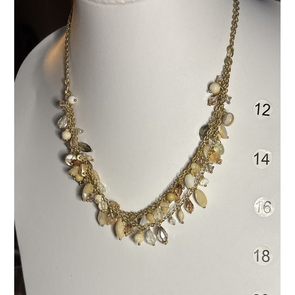 Talbots Multi Strand Cream Shell Glass Bead Cluster Statement Necklace Gold Tone